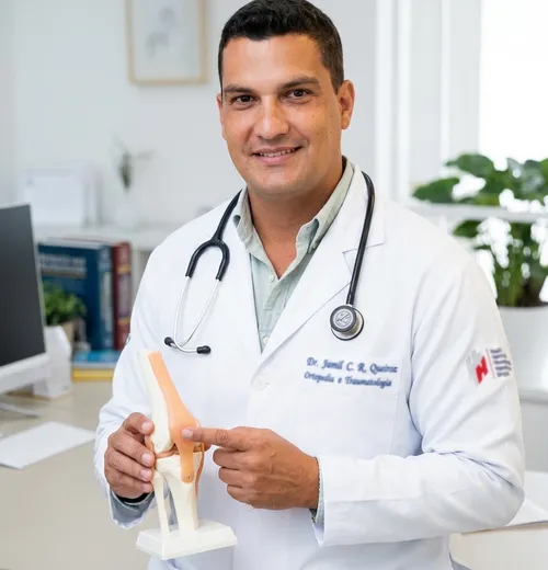 Dr. Jamil Queiroz em atendimento humanizado no consultório explicando o joelho